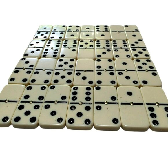 Vintage Domino Set Leatherette Case 28 Heavy Tiles Brass Spinner Travel Game - Picture 6 of 9